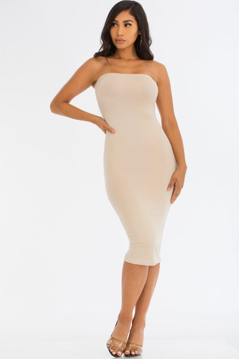 Strapless Tube Bodycon Midi Dress