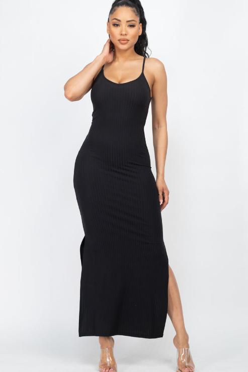 Ribbed Side Slit Long Cami Dress