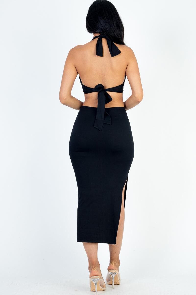 Cut-out Halter Neck Double Back Tie Split Midi Dress