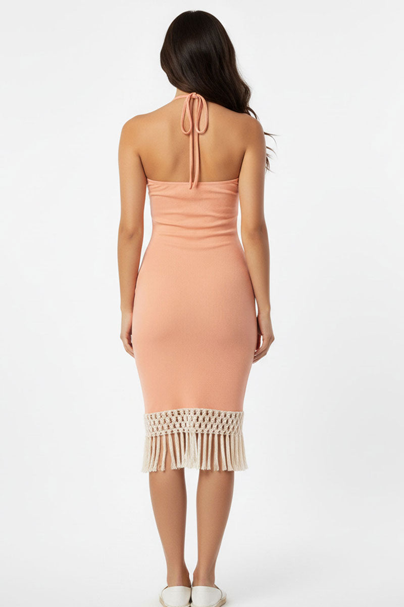 Ribbed Halter Neck Fringe Midi Dress