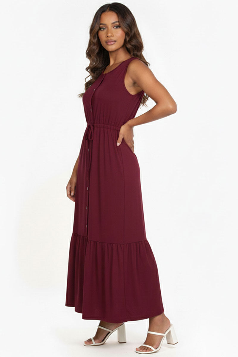 Button Front Tie Waist Sleeveless Maxi Dress