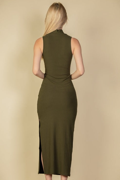 Ribbed Mock Neck Side Slit Sleeveless Bodycon Maxi Dress
