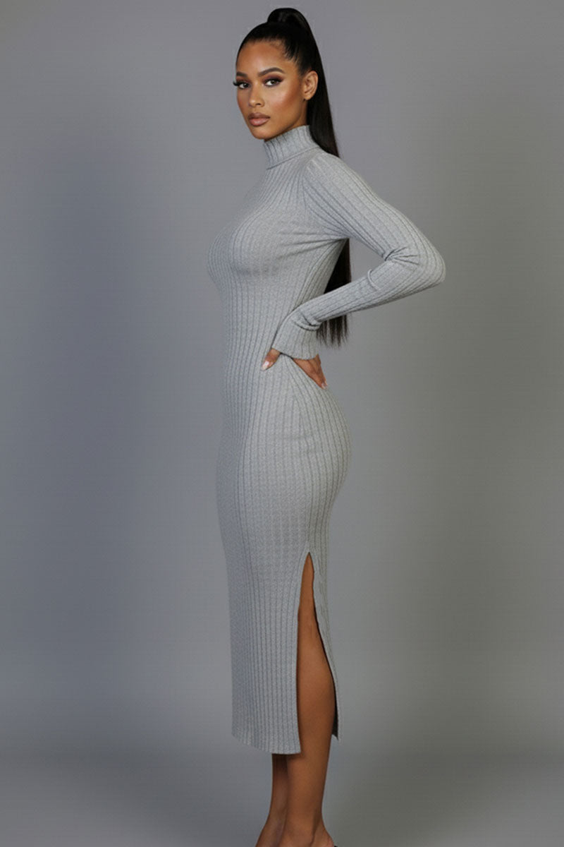 Sweater-Knit Fuzzy Turtle Neck Split Thigh Dress