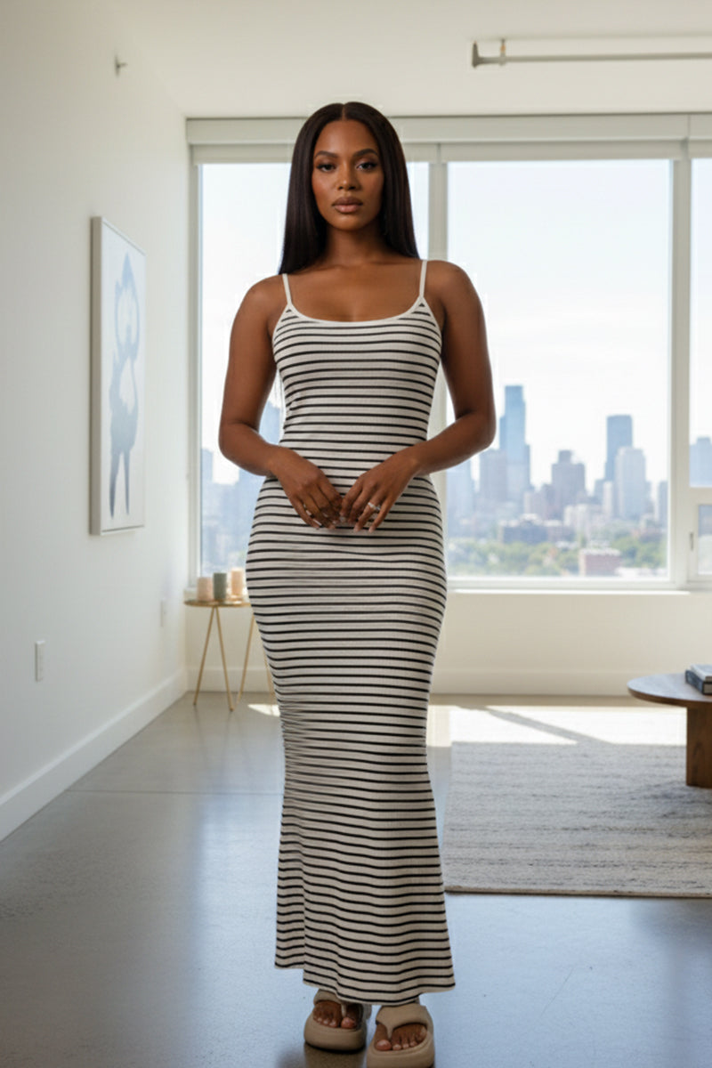 Women's Rib Knit Striped Bodycon Maxi Slip Dress