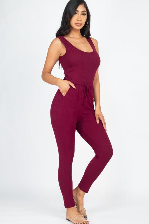 Ribbed Sleeveless Drawstring Jumpsuit
