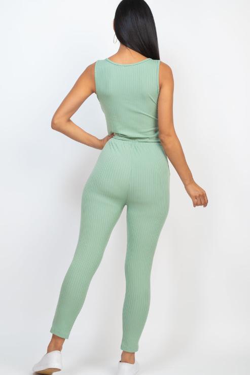 Ribbed Sleeveless Drawstring Jumpsuit