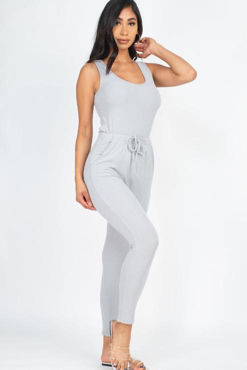 Ribbed Sleeveless Drawstring Jumpsuit