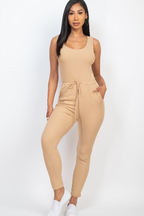 Ribbed Sleeveless Drawstring Jumpsuit