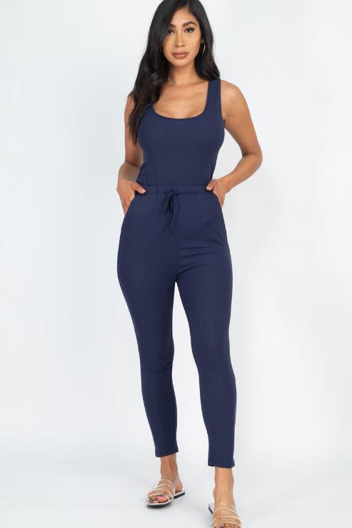 Ribbed Sleeveless Drawstring Jumpsuit