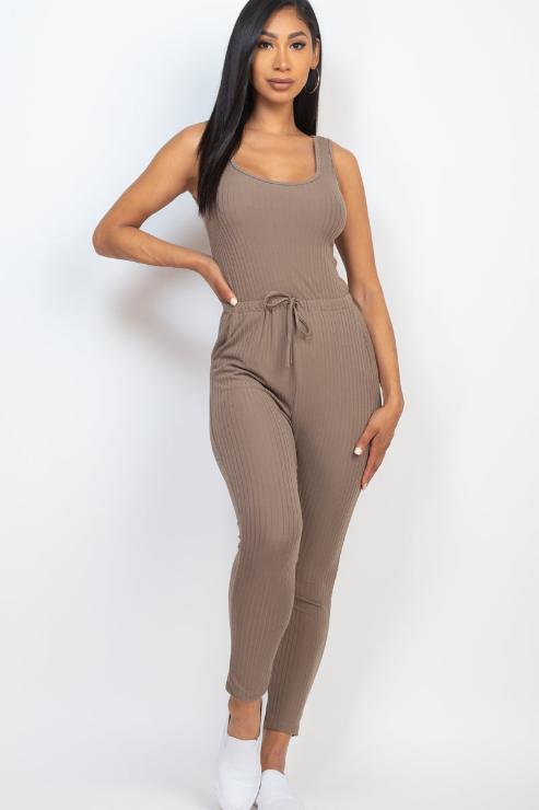 Ribbed Sleeveless Drawstring Jumpsuit