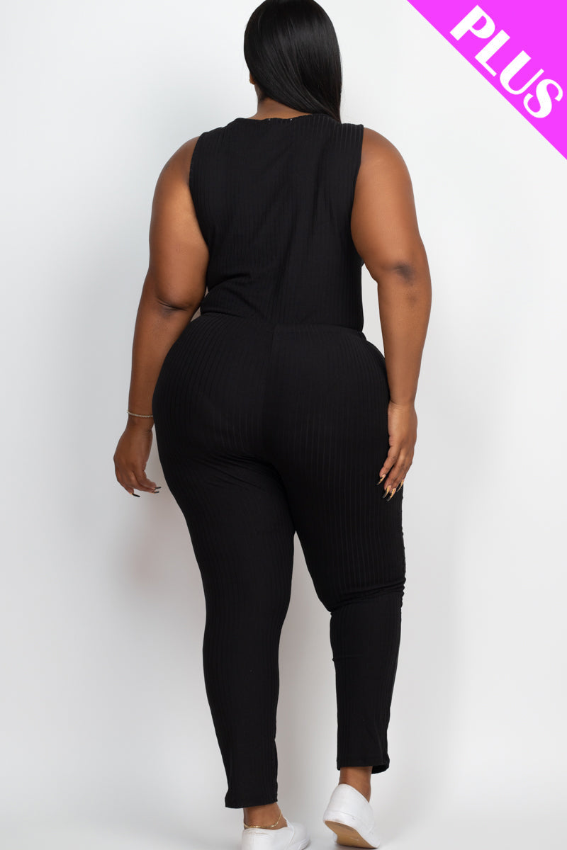 Plus Size Ribbed Sleeveless Drawstring Waist Jumpsuit (CAPELLA)