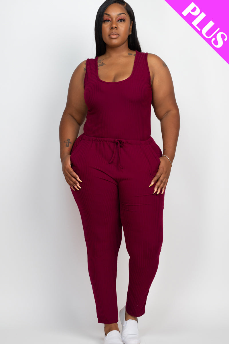 Plus Size Ribbed Sleeveless Drawstring Waist Jumpsuit (CAPELLA)