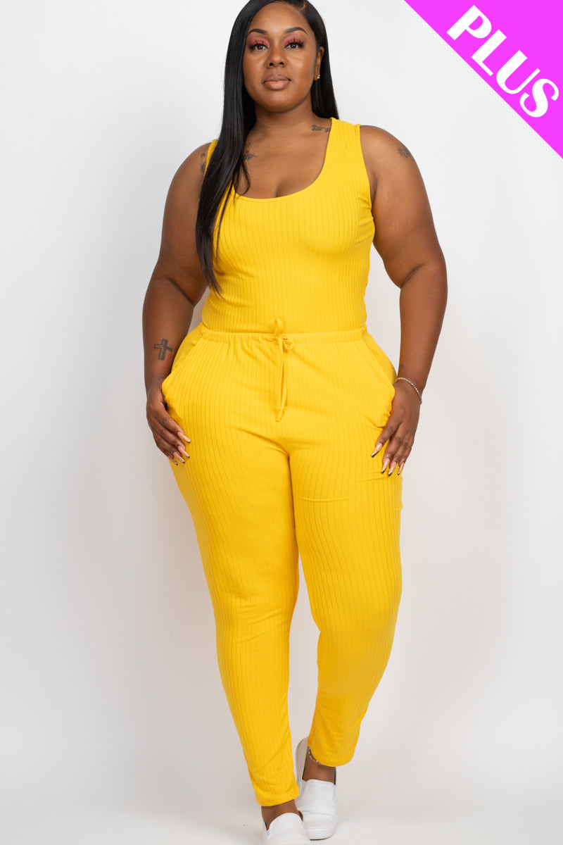 Plus Size Ribbed Sleeveless Drawstring Waist Jumpsuit (CAPELLA)