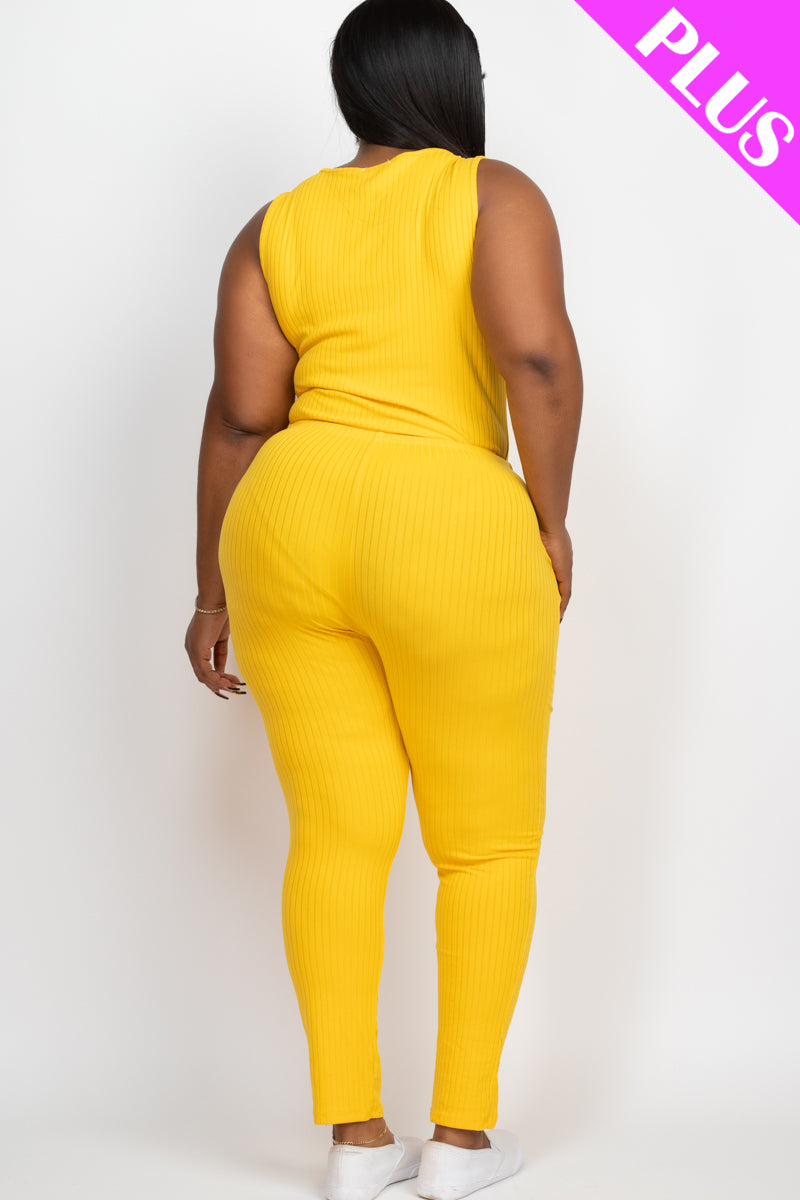 Plus Size Ribbed Sleeveless Drawstring Jumpsuit