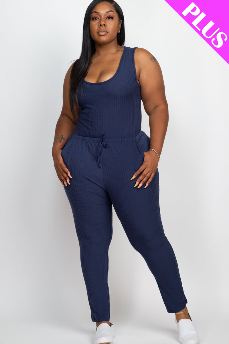Plus Size Ribbed Sleeveless Drawstring Waist Jumpsuit (CAPELLA)
