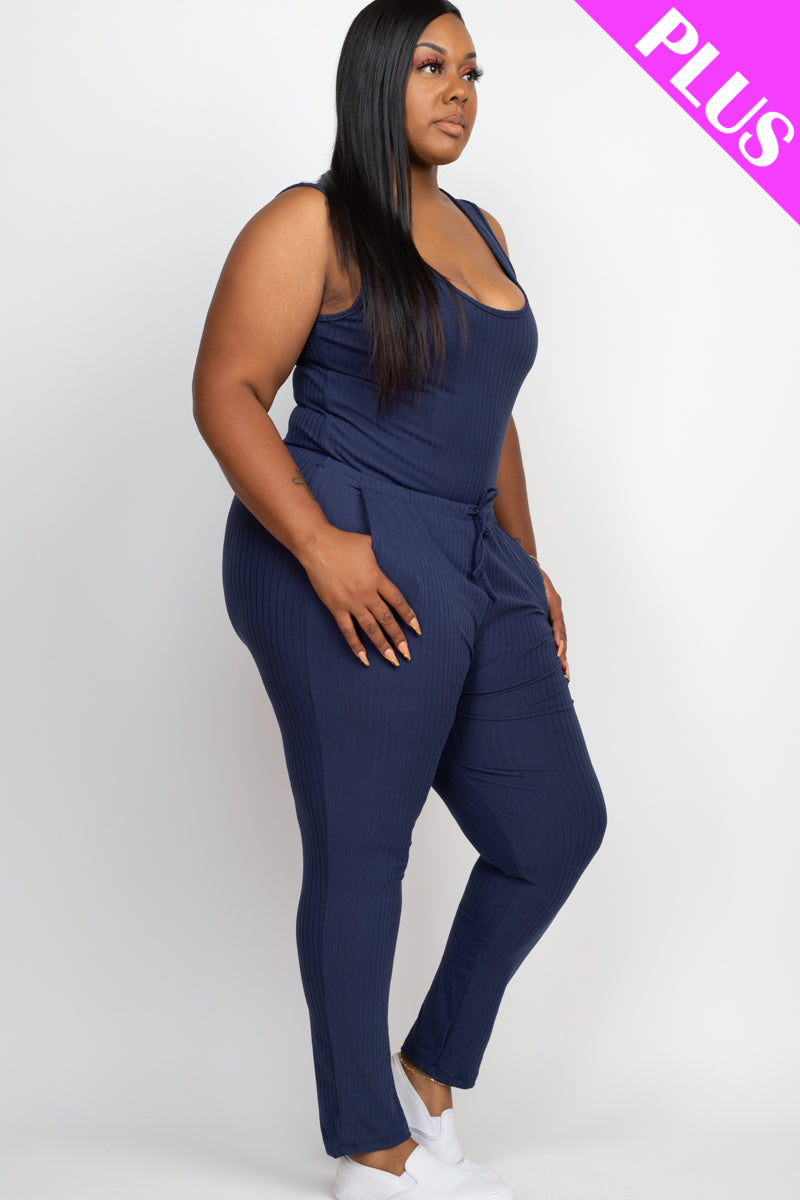 Plus Size Ribbed Sleeveless Drawstring Waist Jumpsuit (CAPELLA)