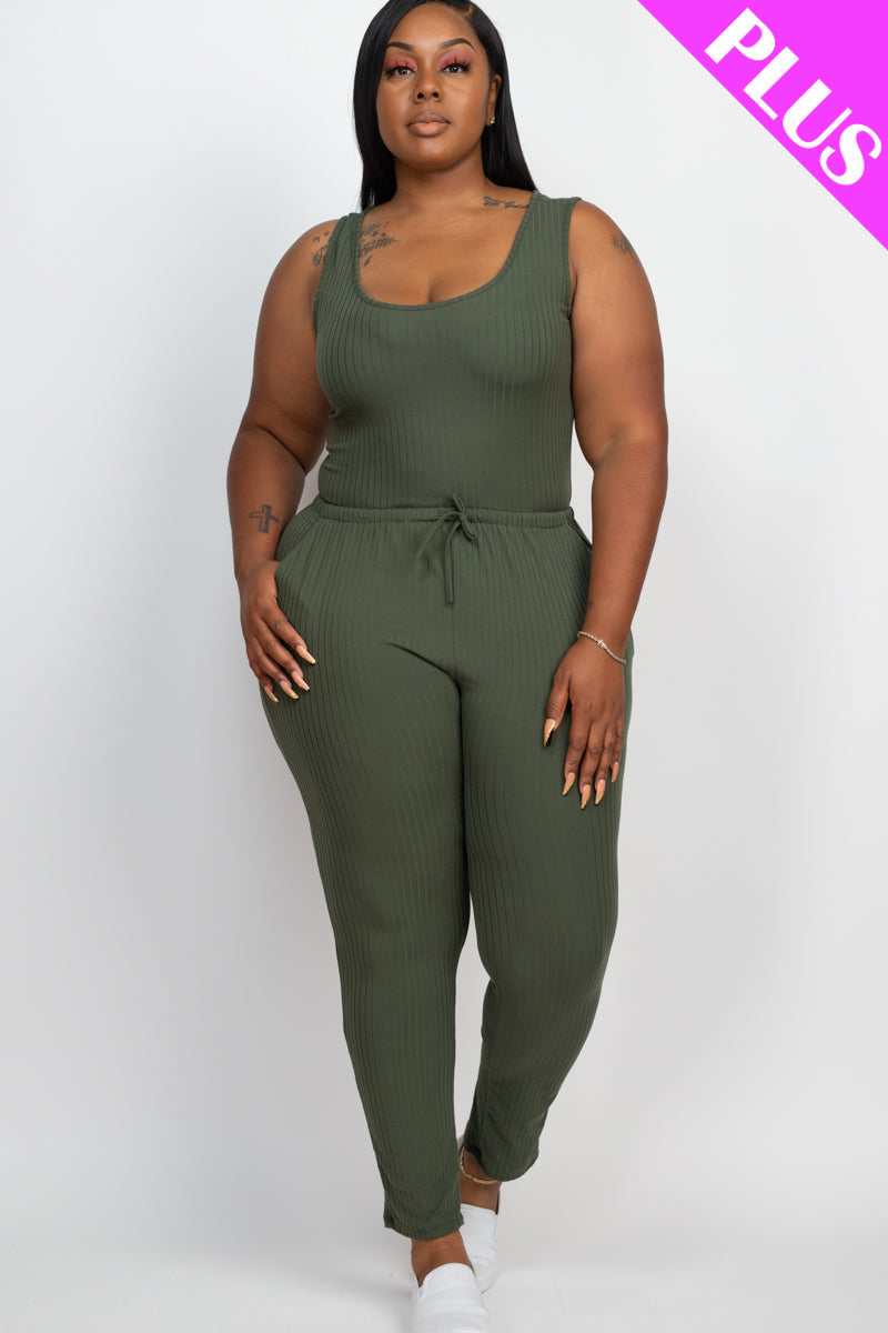 Plus Size Ribbed Sleeveless Drawstring Waist Jumpsuit (CAPELLA)