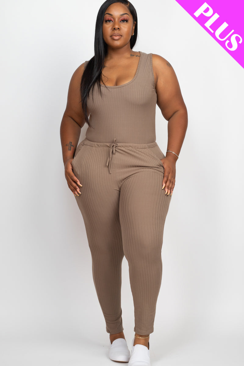 Plus Size Ribbed Sleeveless Drawstring Waist Jumpsuit (CAPELLA)