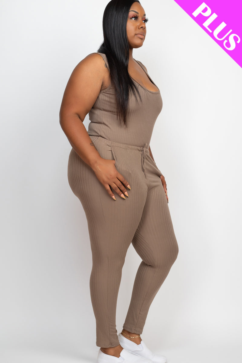 Plus Size Ribbed Sleeveless Drawstring Jumpsuit