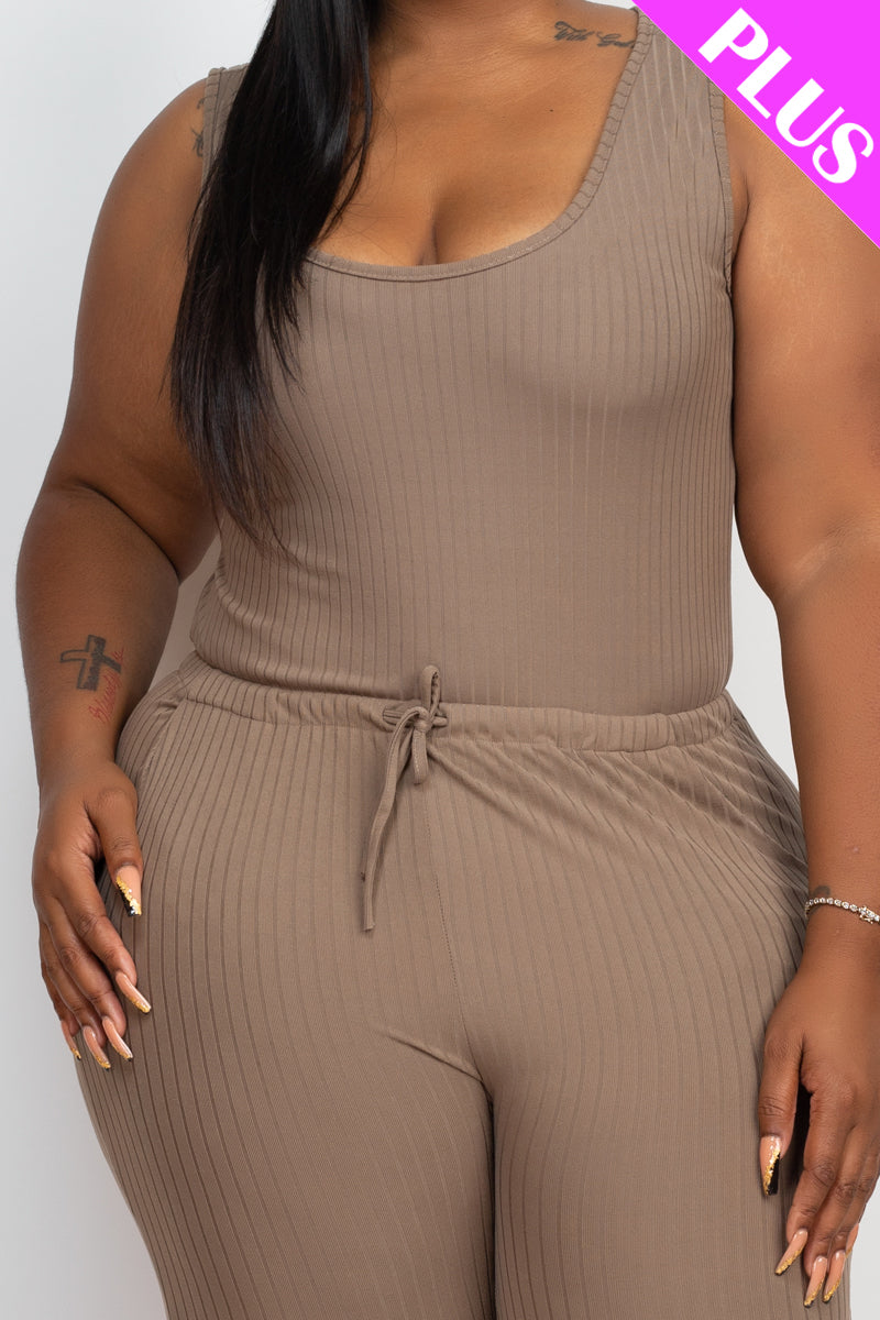 Plus Size Ribbed Sleeveless Drawstring Waist Jumpsuit (CAPELLA)