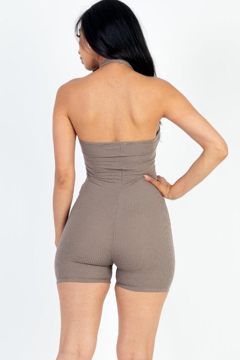Ribbed Halter Neck Backless Romper