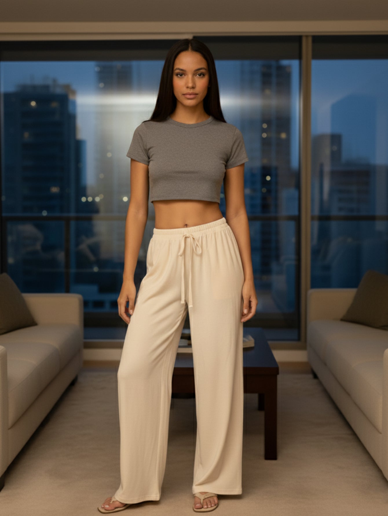 Drawstring waist wide leg minimalist pants