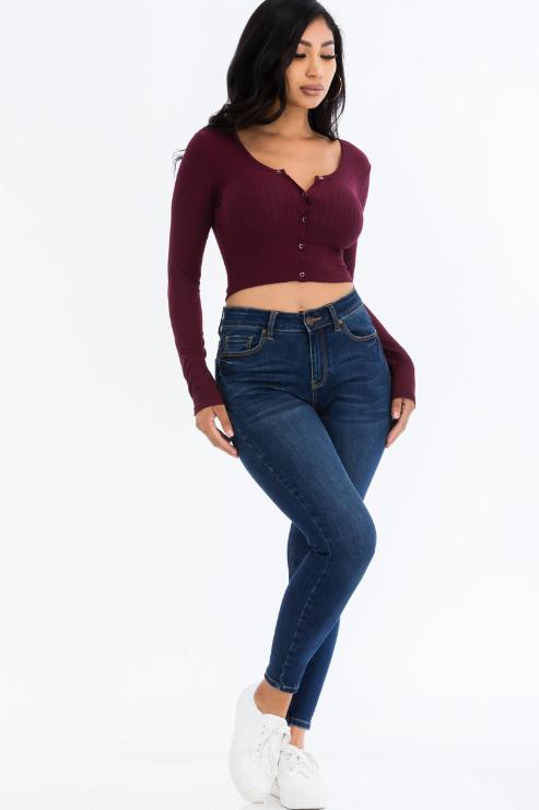 Ribbed Long Sleeve Snap Button Down Crop Top