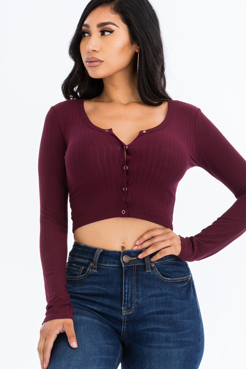 Ribbed Long Sleeve Snap Button Down Crop Top (CAPELLA)