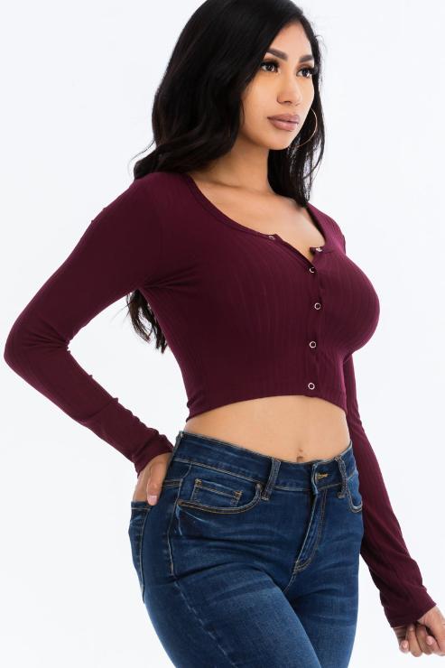 Ribbed Long Sleeve Snap Button Down Crop Top