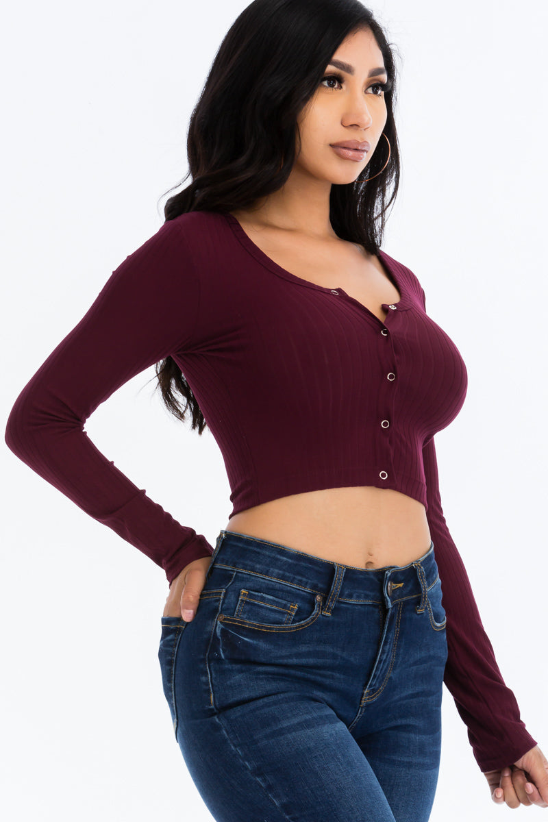 Ribbed Long Sleeve Snap Button Down Crop Top (CAPELLA)