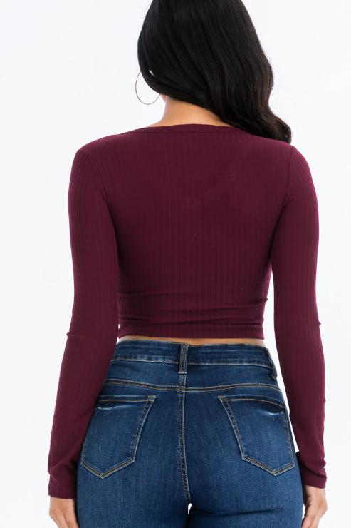 Ribbed Long Sleeve Snap Button Down Crop Top