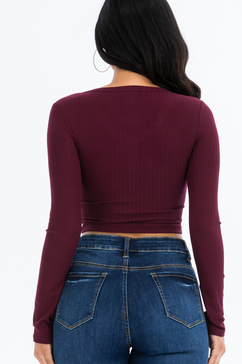 Ribbed Long Sleeve Snap Button Down Crop Top (CAPELLA)