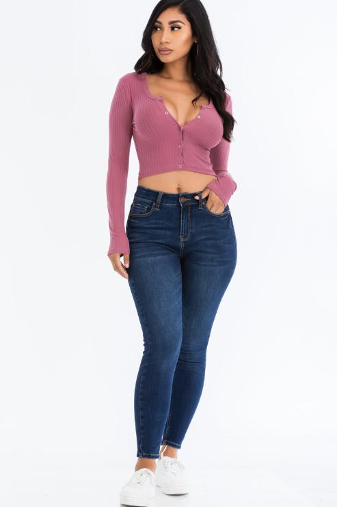 Ribbed Long Sleeve Snap Button Down Crop Top
