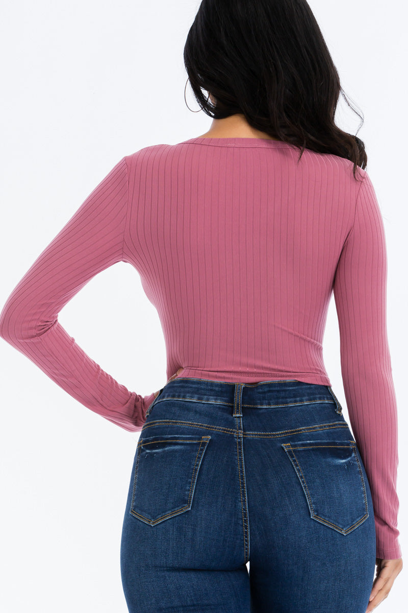 Ribbed Long Sleeve Snap Button Down Crop Top (CAPELLA)