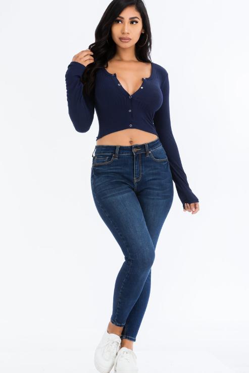 Ribbed Long Sleeve Snap Button Down Crop Top