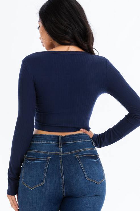 Ribbed Long Sleeve Snap Button Down Crop Top