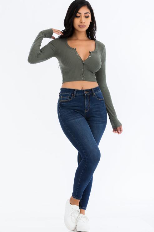 Ribbed Long Sleeve Snap Button Down Crop Top