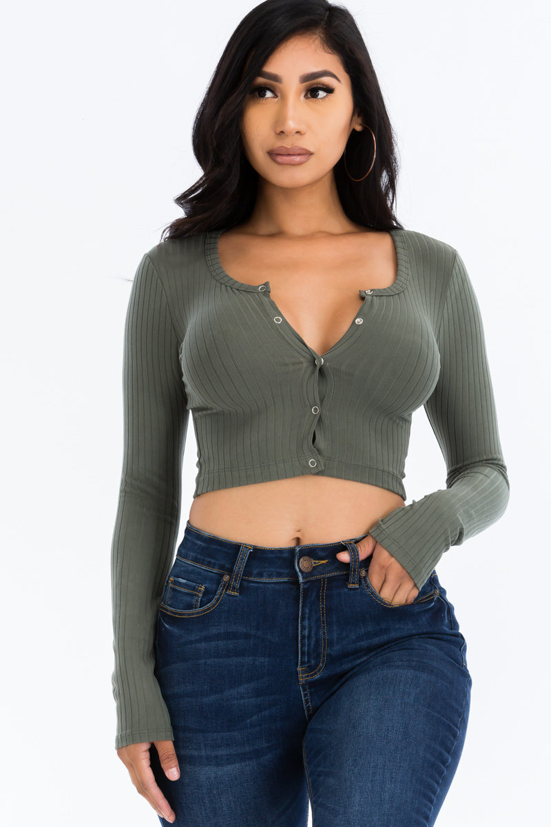 Ribbed Long Sleeve Snap Button Down Crop Top (CAPELLA)