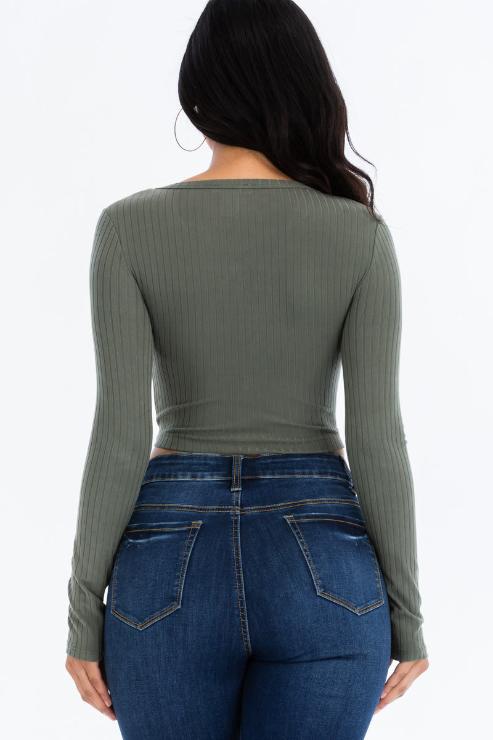 Ribbed Long Sleeve Snap Button Down Crop Top