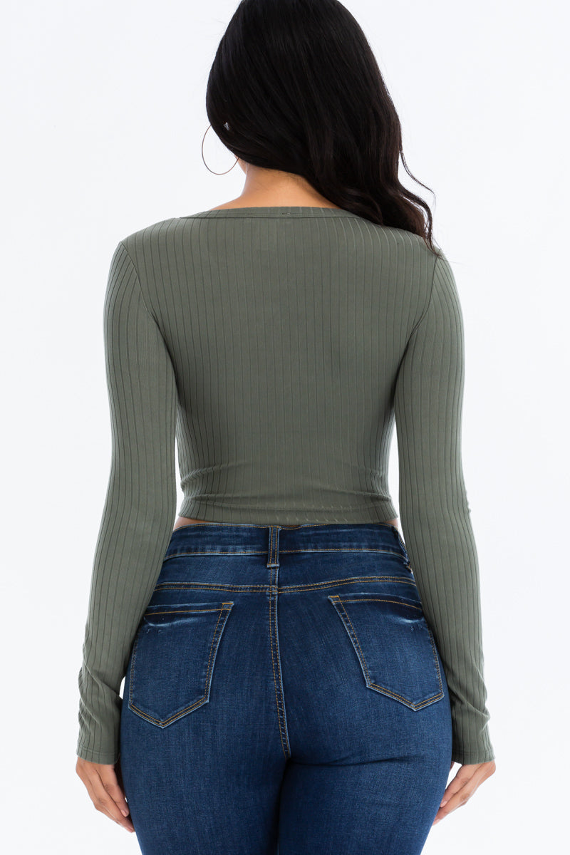 Ribbed Long Sleeve Snap Button Down Crop Top (CAPELLA)