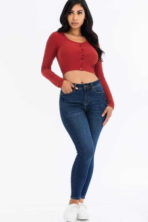 Ribbed Long Sleeve Snap Button Down Crop Top