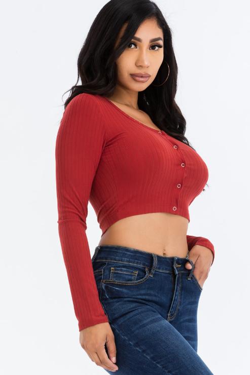 Ribbed Long Sleeve Snap Button Down Crop Top