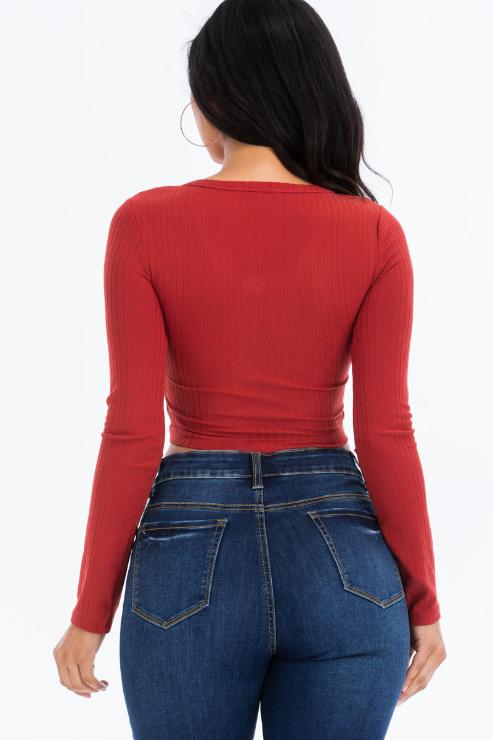 Ribbed Long Sleeve Snap Button Down Crop Top