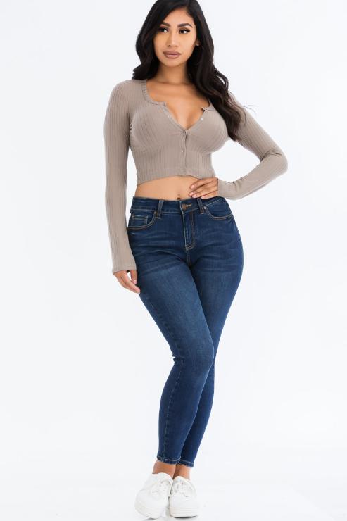 Ribbed Long Sleeve Snap Button Down Crop Top