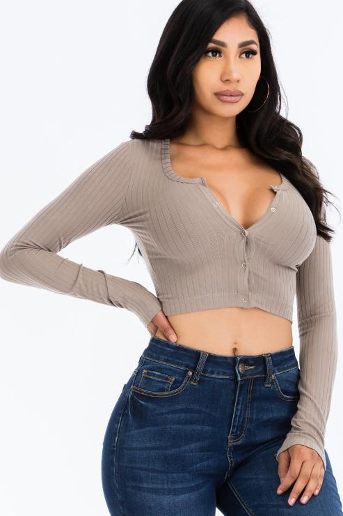 Ribbed Long Sleeve Snap Button Down Crop Top