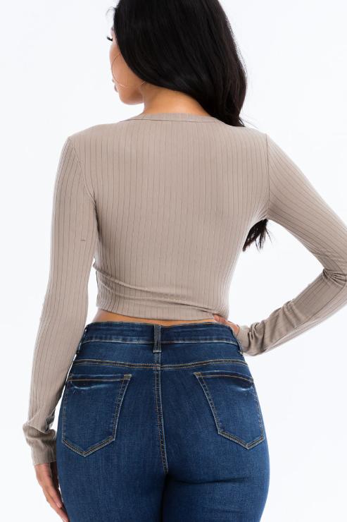 Ribbed Long Sleeve Snap Button Down Crop Top