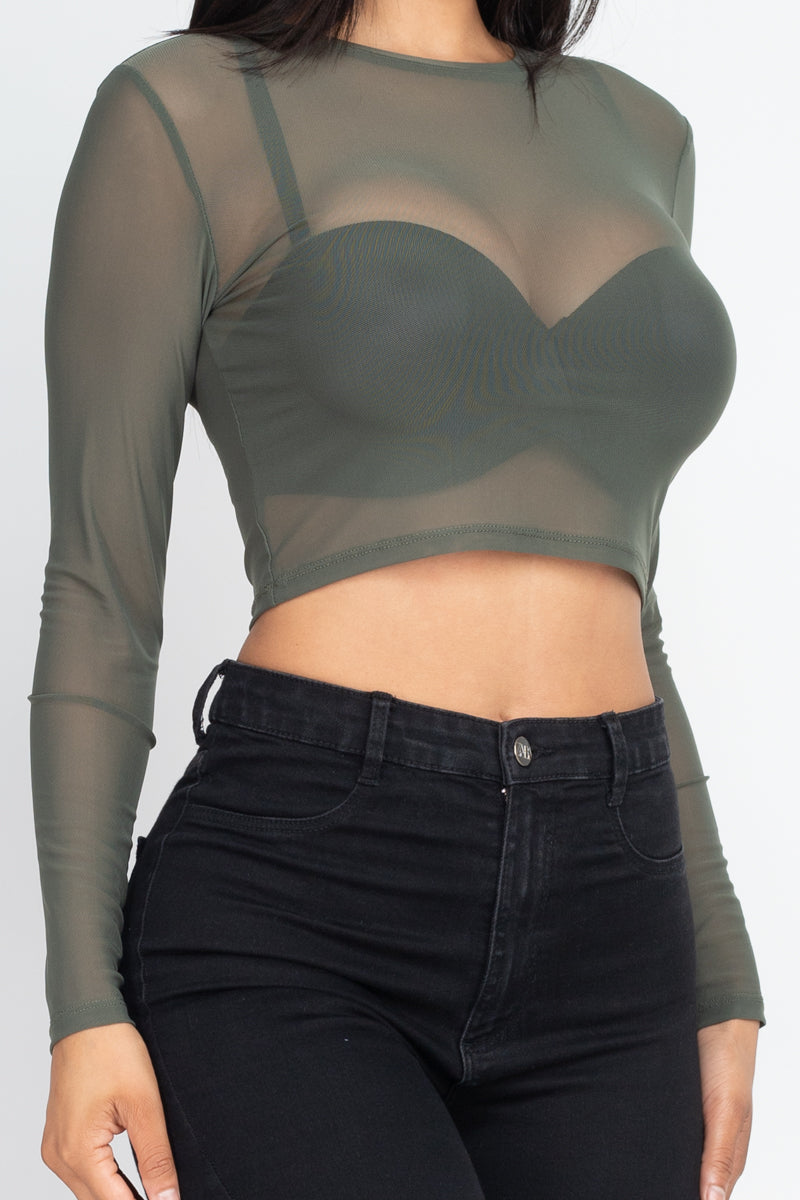 Sexy Sheer Mesh Long Sleeve Crop Top