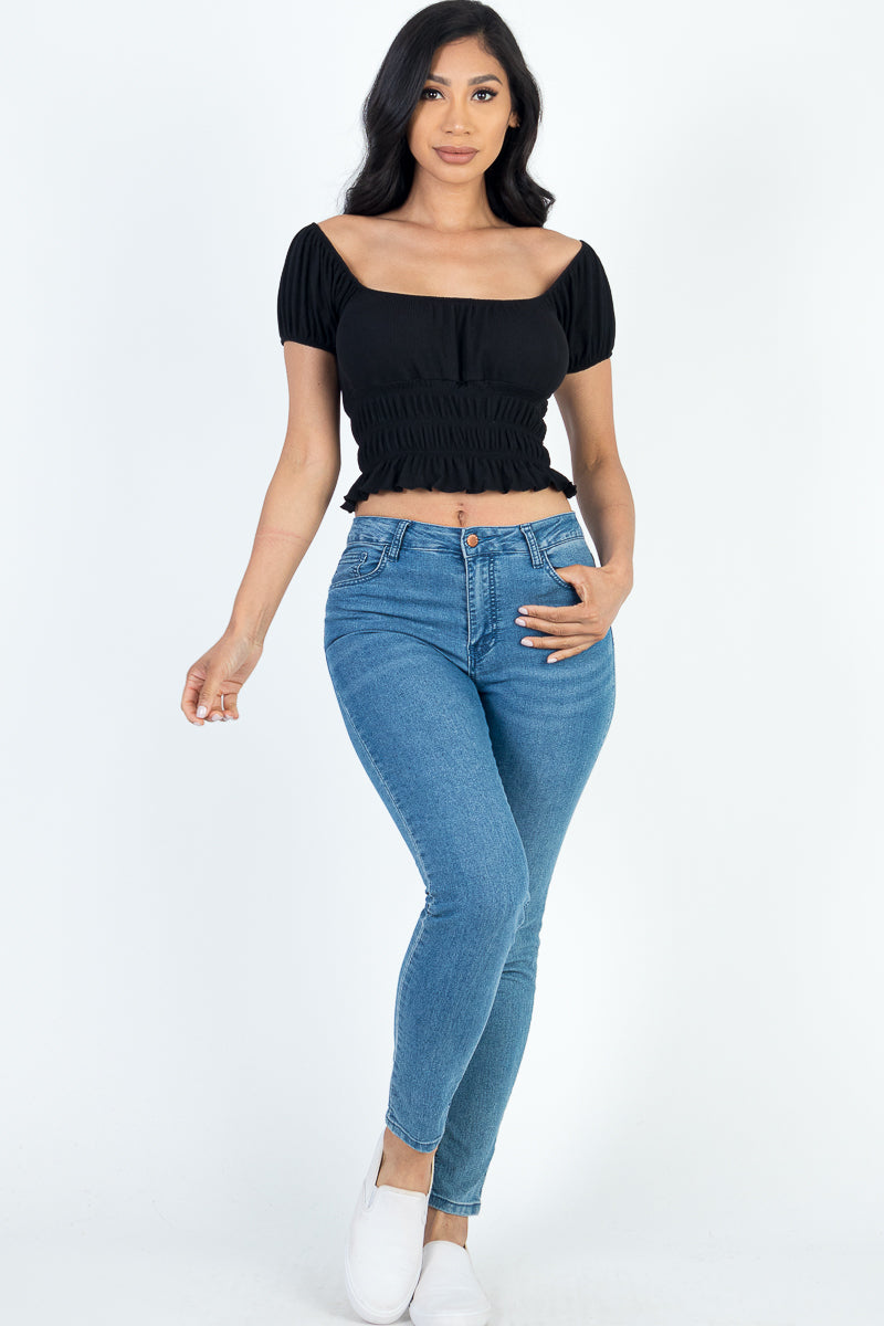 Casual Ruched Puff Sleeve Ribbed Knit Solid Top