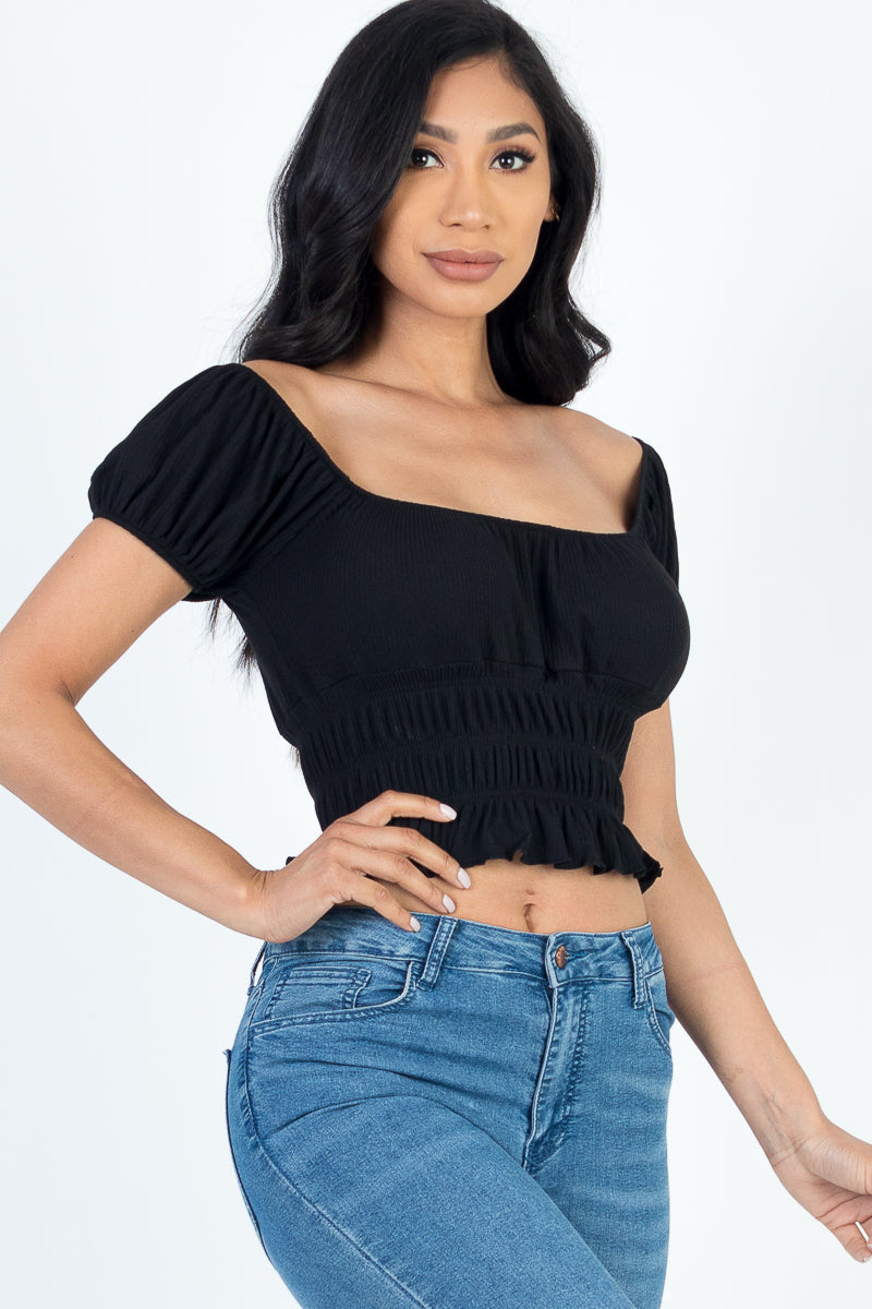 Casual Ruched Puff Sleeve Ribbed Knit Solid Top