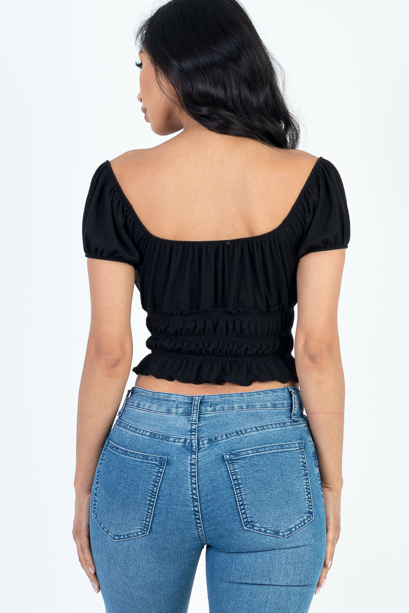 Casual Ruched Puff Sleeve Ribbed Knit Solid Top